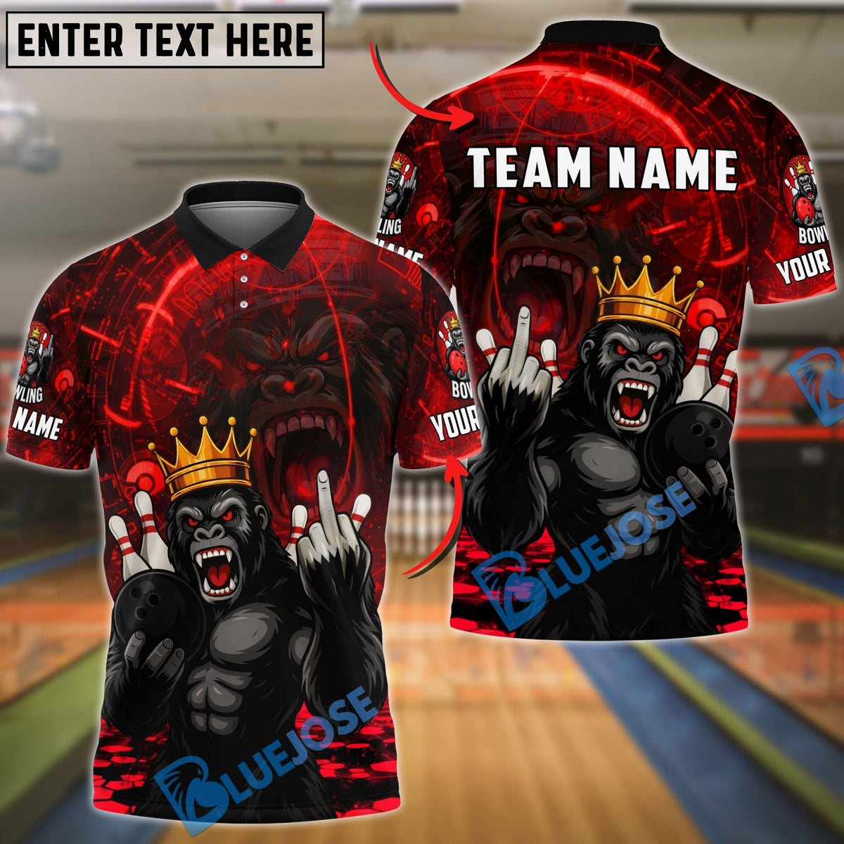BlueJose Bowling And Pins  Gorilla King Rebel Attitude Customized Name, Team Name 3D Shirt (4 Colors)