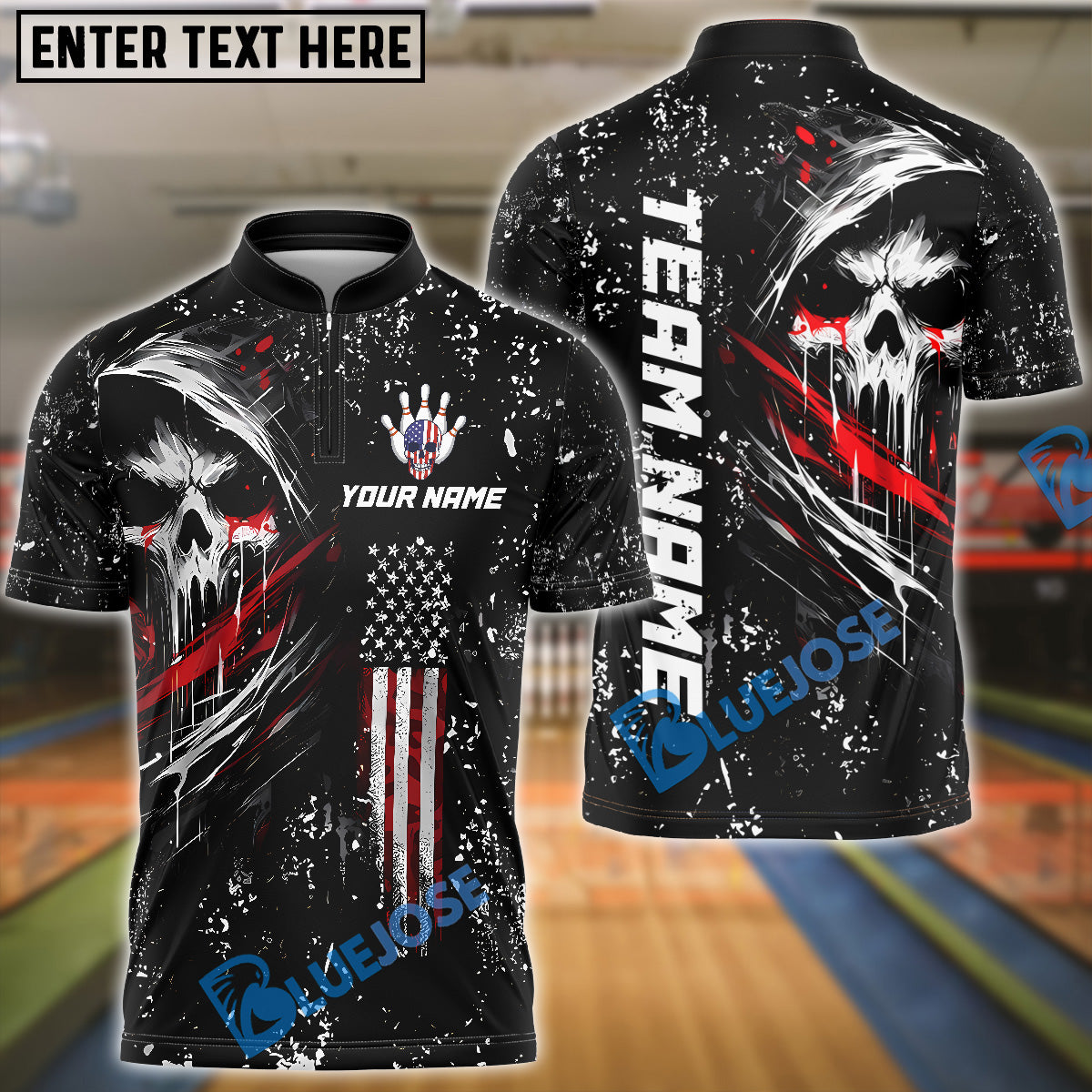 BlueJose Bowling And Pins Grim Skull with American Flag Personalized Name, Team Name Shirt