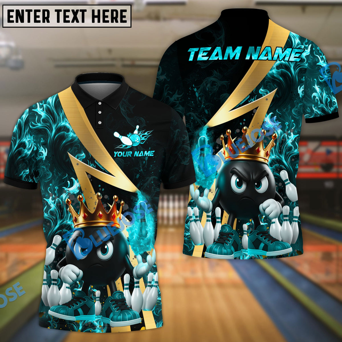 BlueJose Bowling And Pins Royal Flames Customized Name, Team Name 3D Shirt (4 Colors)