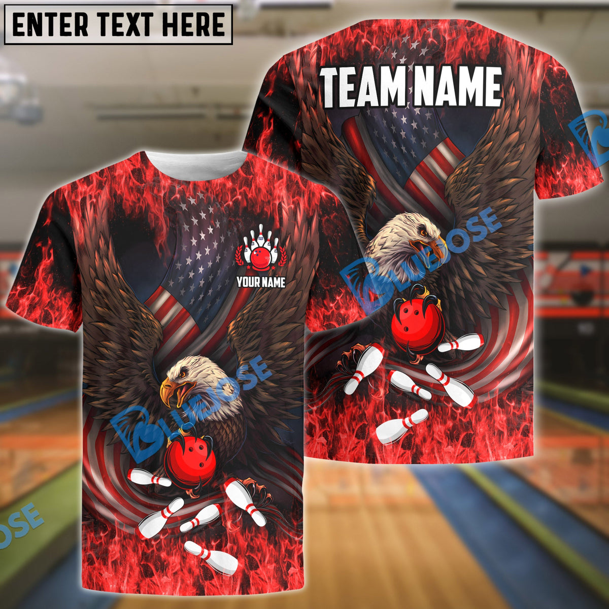BlueJose Bowling And Pins Eagle US Flag Pattern Customized Name 3D Shirt (4 Colors)