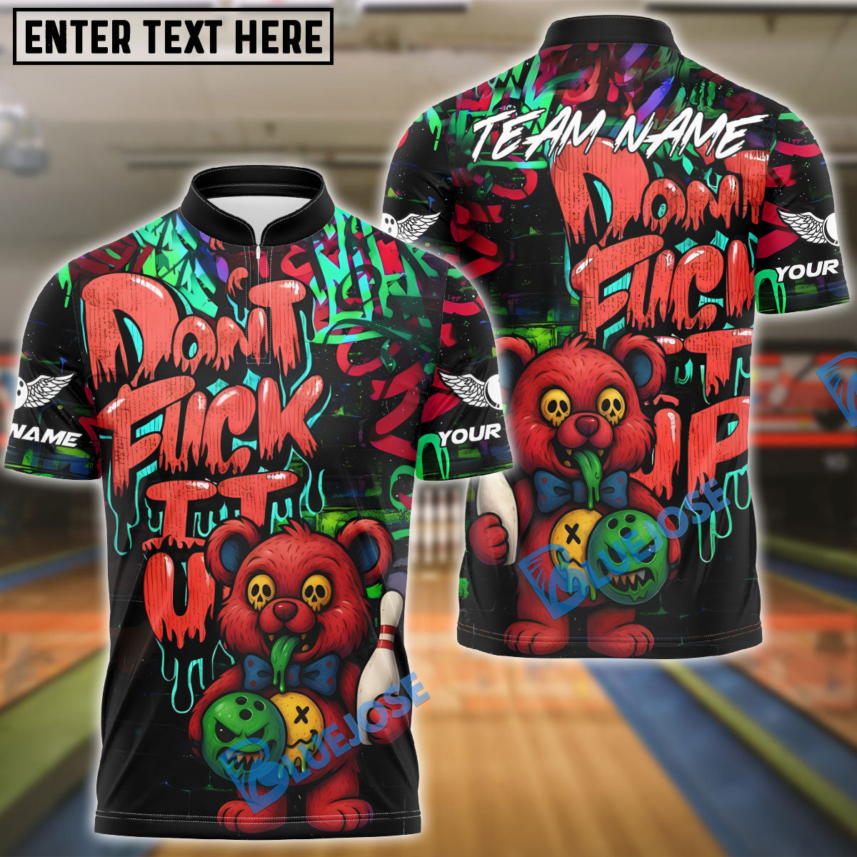 BlueJose Bowling And Pins Bear Scary Teddy Graffiti Style Customized Name, Team Name 3D Shirt (4 Colors)