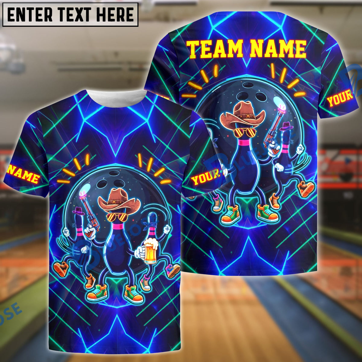 BlueJose Bowling & Pins Neon Cowboy Party Customized Name, Team Name 3D Shirt (4 Colors)