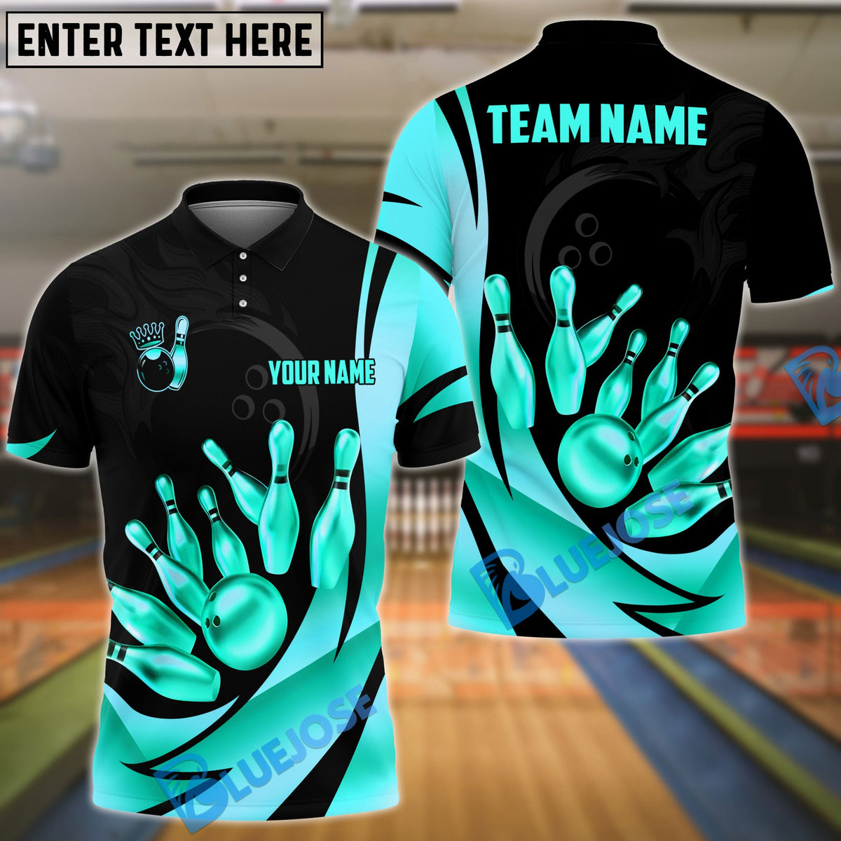 BlueJose Bowling Ball & Pins Royal Gold Strike Customized Name, Team Name 3D Shirt (4 Colors)