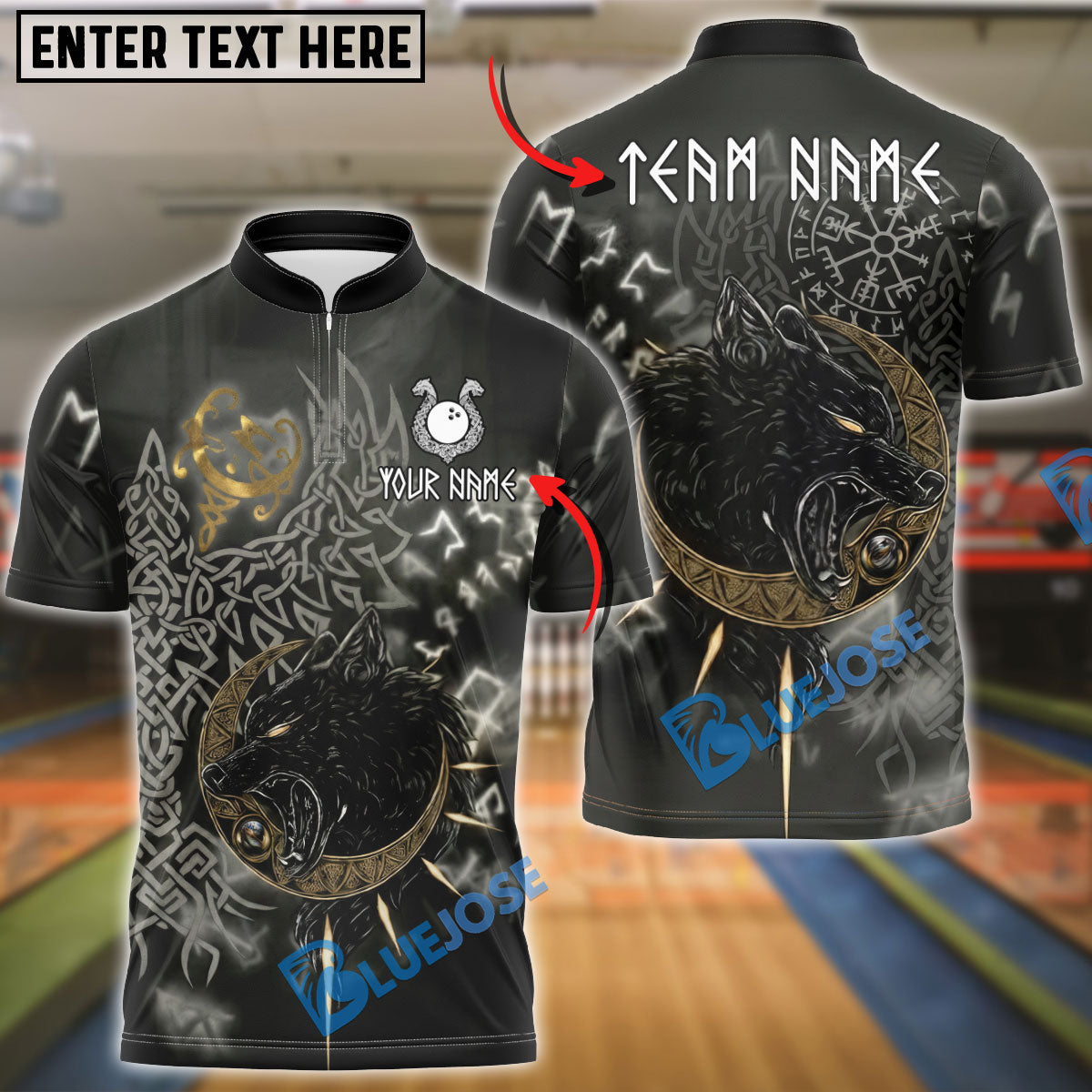 BlueJose Bowling Wolf Hati Norse Rune Graphic Customized Name, Team Name 3D Shirt (6 Colors)