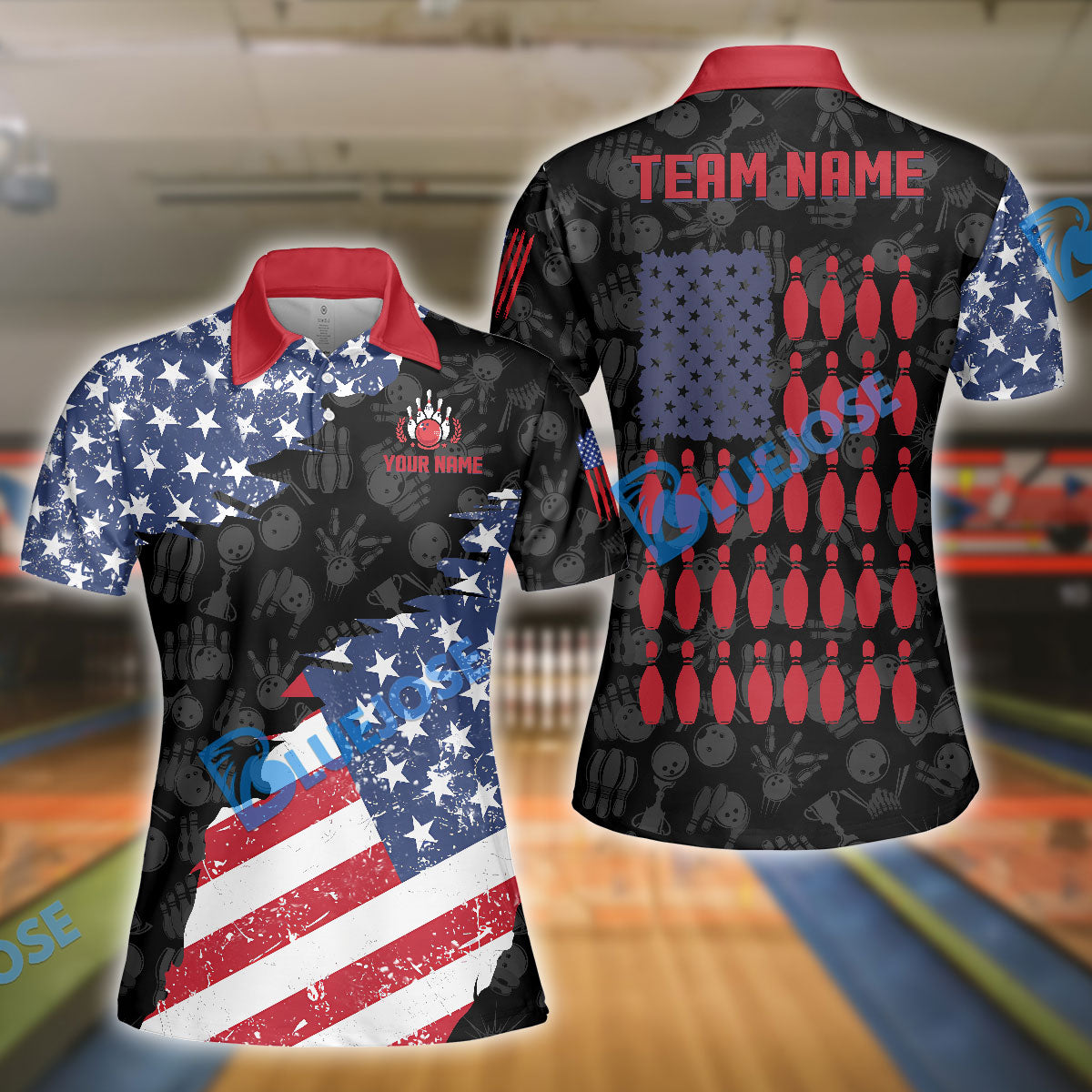 BlueJose Bowling And Pins US Flag Bowling Pattern Customized Name, Team Name 3D Shirt (Black & White)