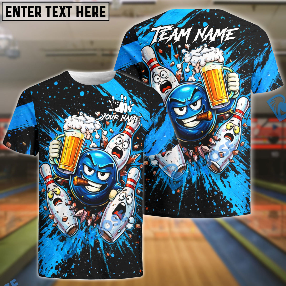 BlueJose Bowling & Pins Beer Party Funny Cartoon Customized Name, Team Name 3D Shirt (6 Colors)