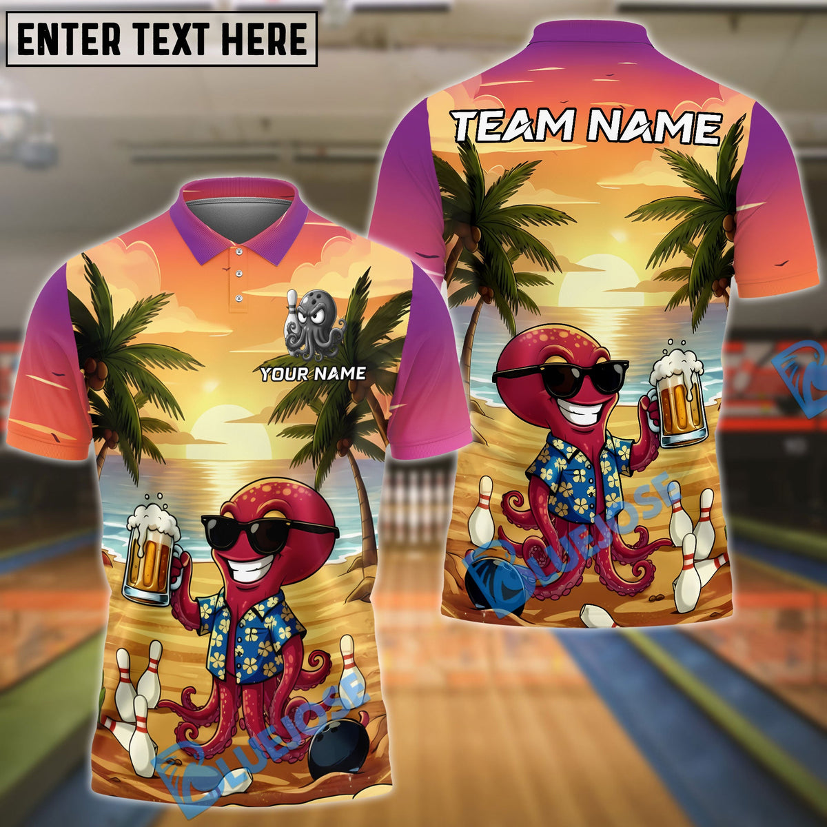 BlueJose Bowling Tropical Octopus Beach Sunset Personalized Name, Team Name 3D Shirt