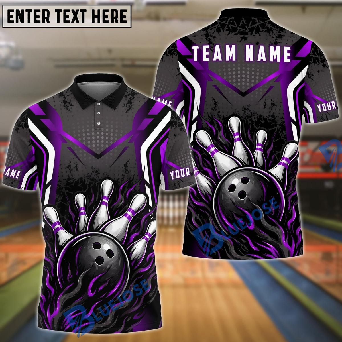 BlueJose Bowling And Pins Black Strike Flame Customized Name, Team Name 3D Shirt (4 Colors)