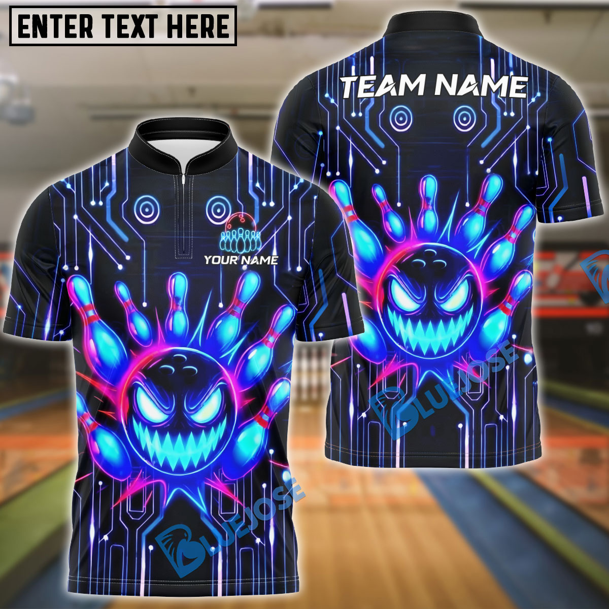 BlueJose Bowling And Pins Cyberpunk Evil Ball Customized Name, Team Name 3D Shirt (4 Colors)