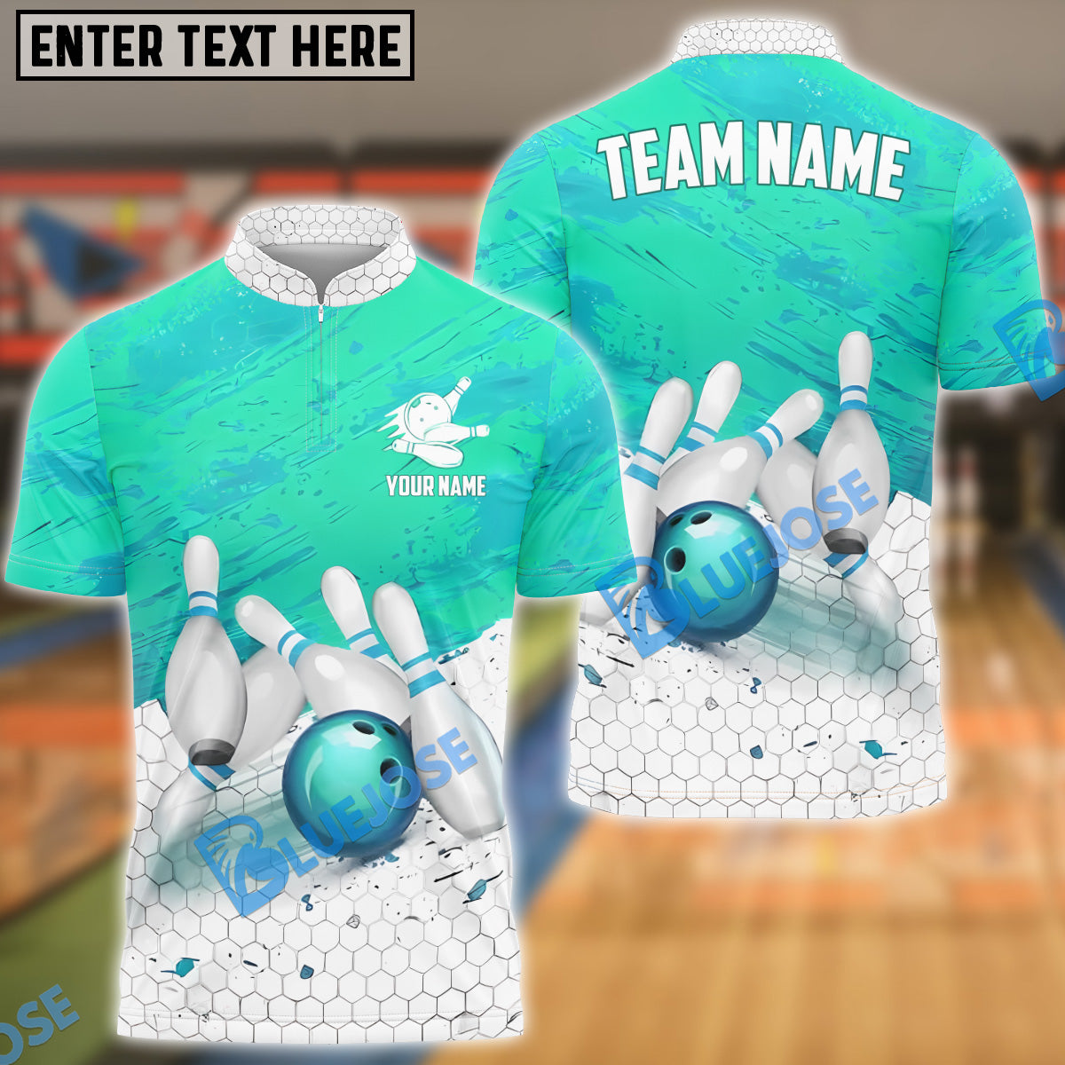 BlueJose Bowling And Pins Hexagon Net Customized Name, Team Name 3D Shirt (4 Colors)
