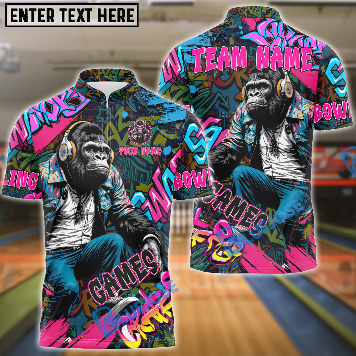 BlueJose Bowling And Pins Graffiti Chimp Customized Name 3D Shirt (4 Colors)