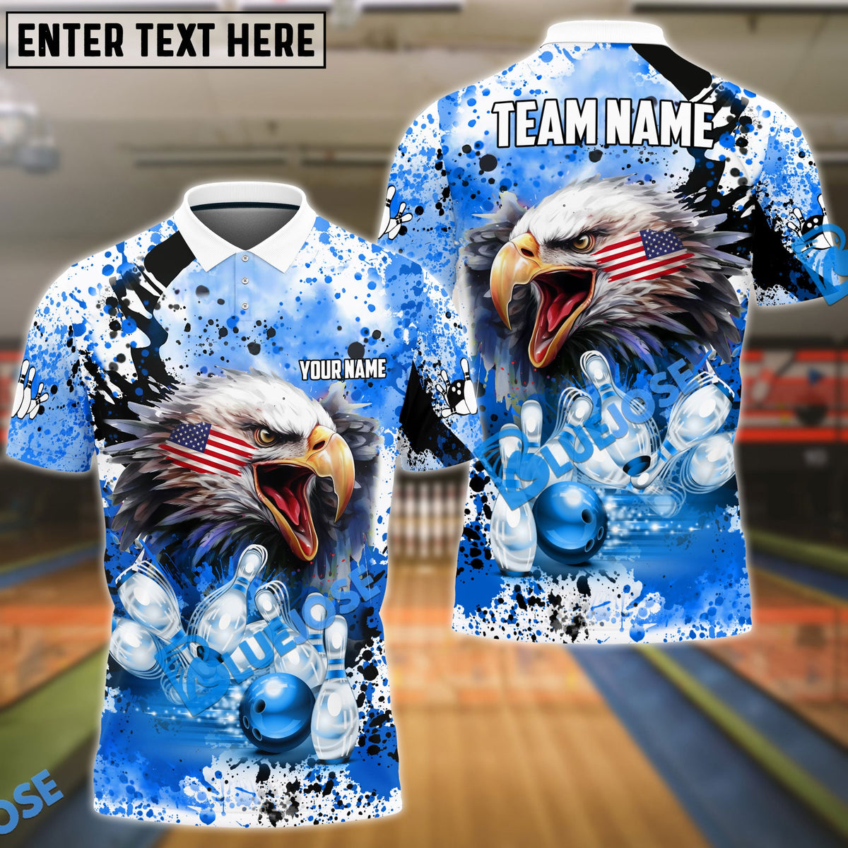 BlueJose Bowling And Pins Eagle American Flag Paint Pattern Customized Name Shirt (4 Colors)
