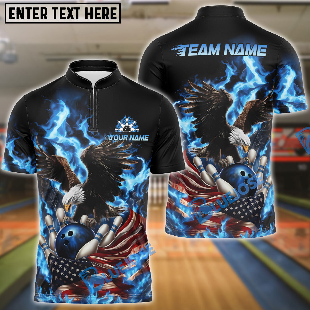 BlueJose Bowling & Pins Burning Eagle American Flag Patriot Customized Name, Team Name 3D Shirt (4 Colors)