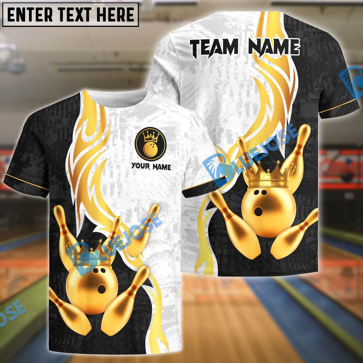BlueJose Bowling And Pins Luxury Crown Multicolor Customized Name 3D Shirt (4 Colors)