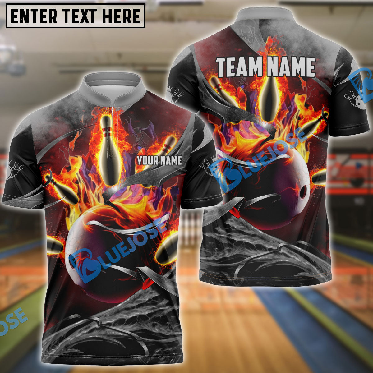 BlueJose Fire Gray Bowling and Pins Personalized Name Team Name 3D Shirt