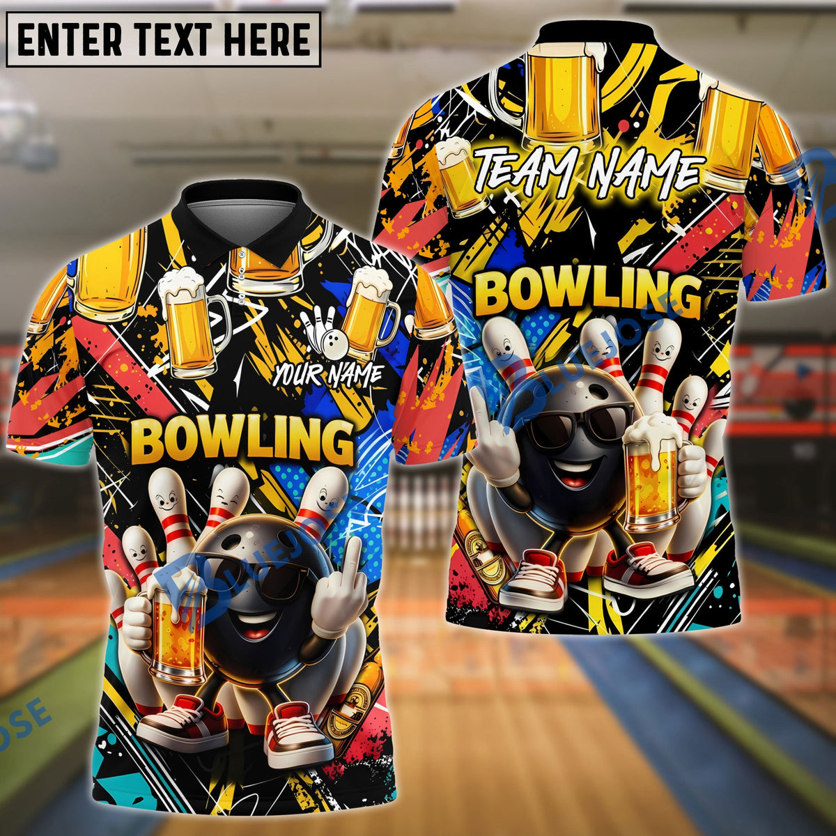 BlueJose Bowling And Pins Beer Mug Funny Character Customized Name, Team Name 3D Shirt