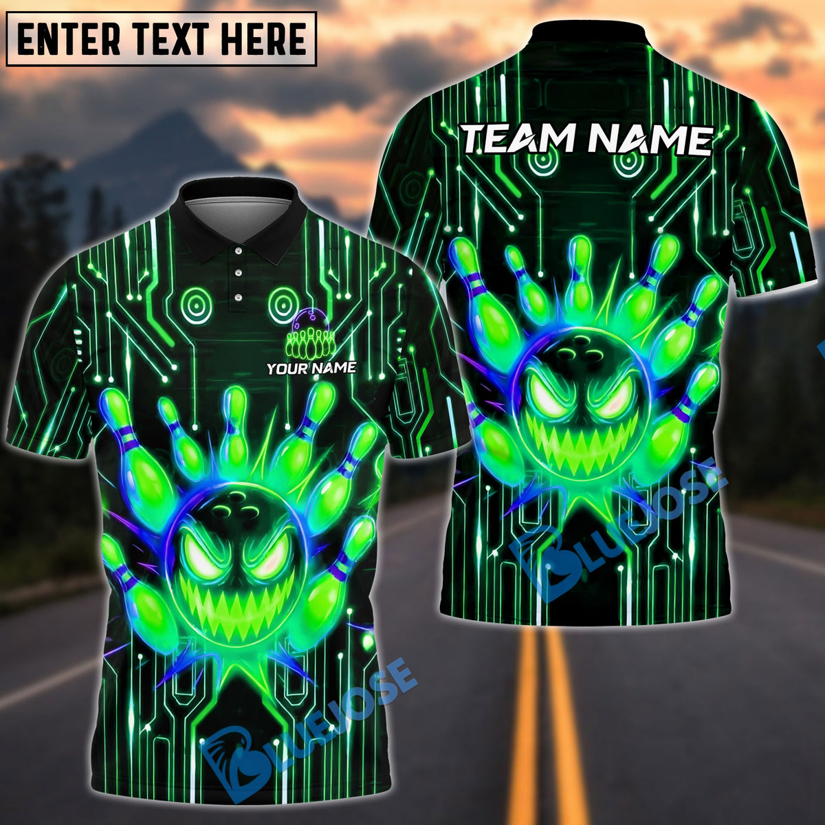 BlueJose Bowling And Pins Cyberpunk Evil Ball Customized Name, Team Name 3D Shirt (4 Colors)