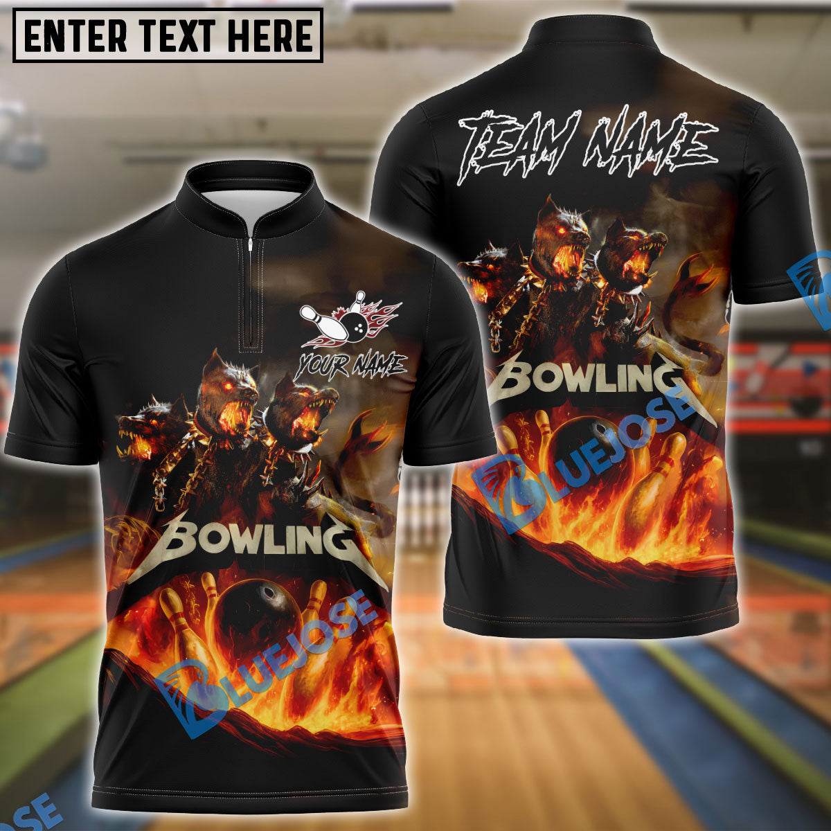 BlueJose Bowling And Pins Fire Cerberus Hell Flames Customized Name, Team Name 3D Shirt (4 Colors)