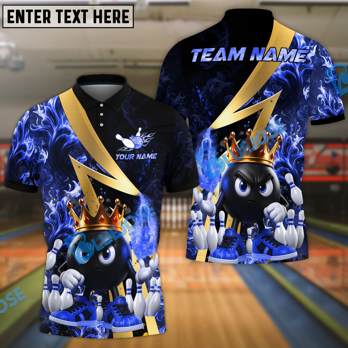 BlueJose Bowling And Pins Royal Flames Customized Name, Team Name 3D Shirt (4 Colors)