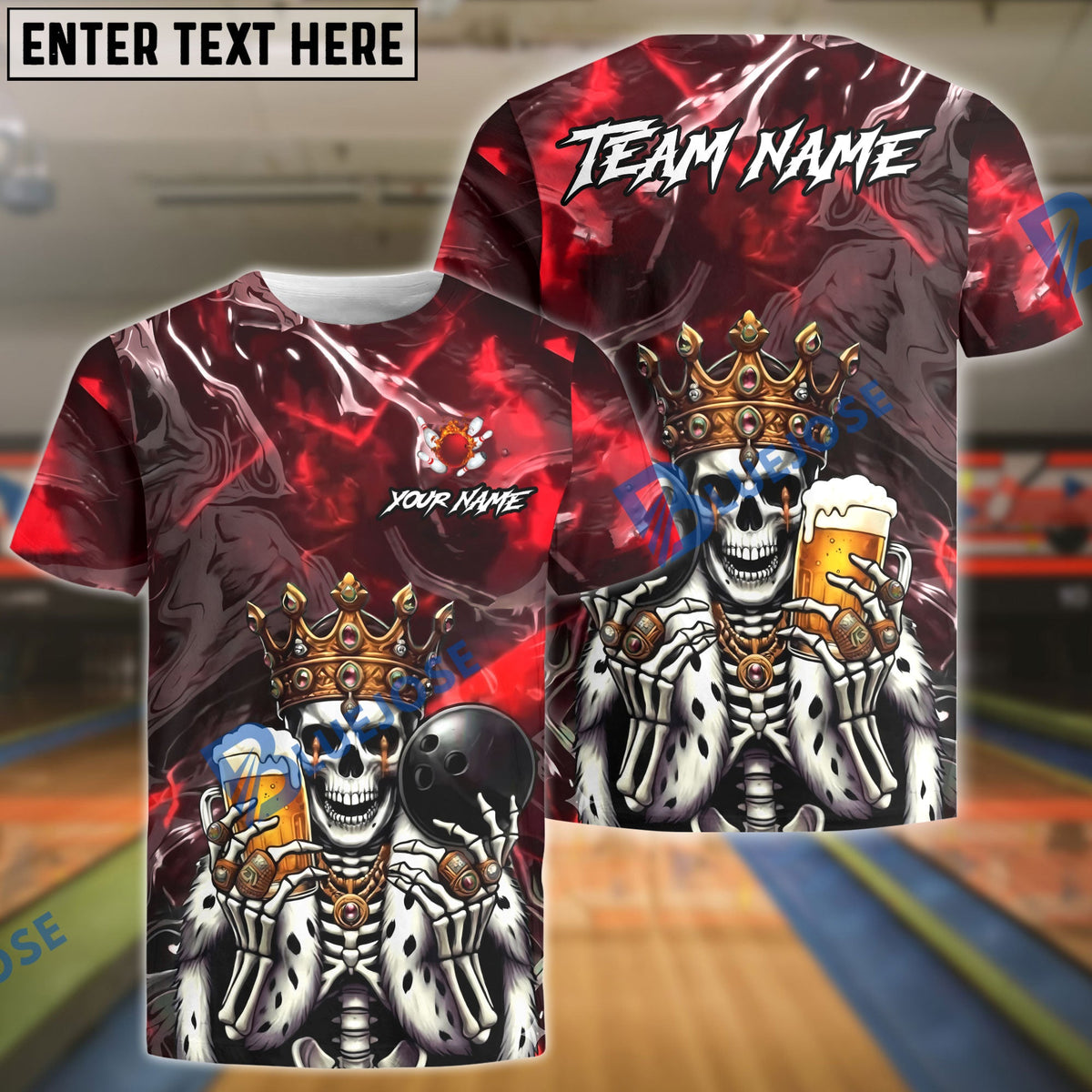 BlueJose Bowling & Pins King Skull Royal Pub Style Customized Name, Team Name 3D Shirt (4 Colors)