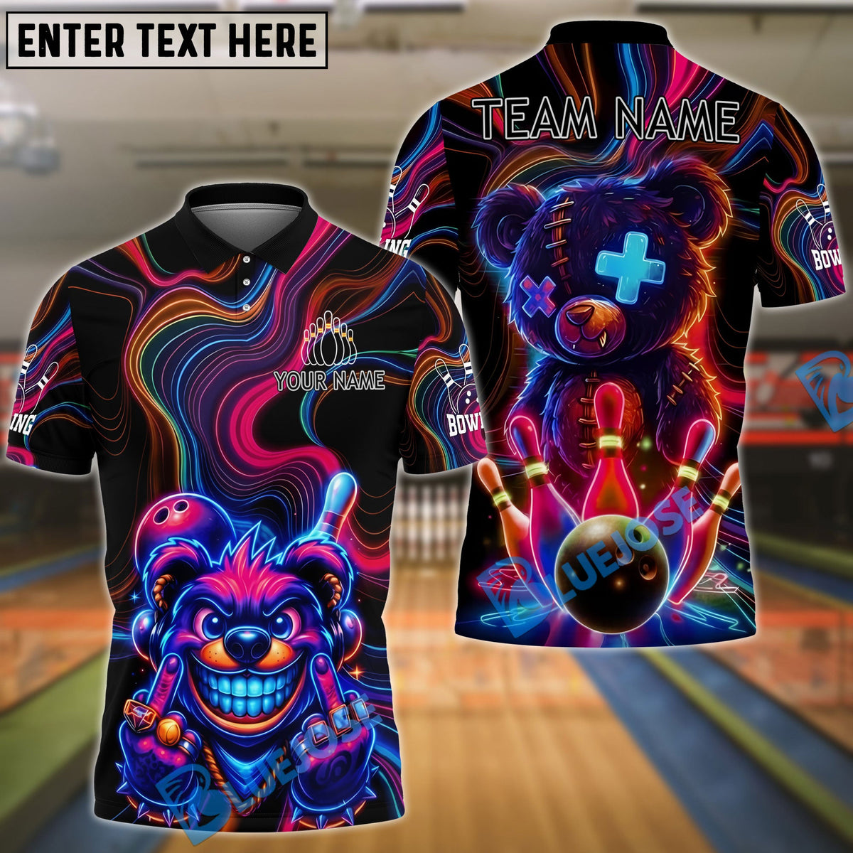 BlueJose Bowling And Pins Crazy Neon Bear Strike Customized Name, Team Name 3D Shirt (4 Colors)