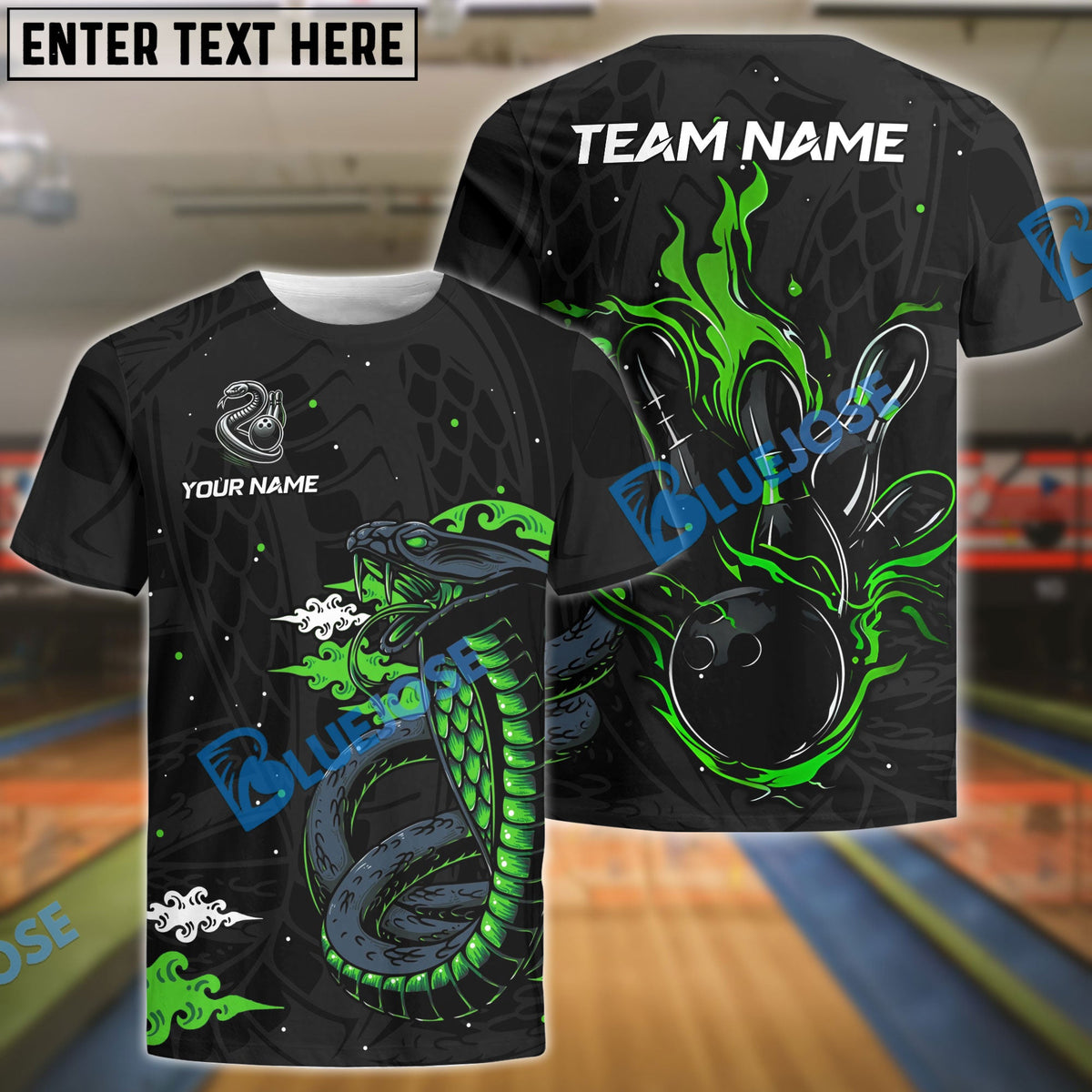 BlueJose Bowling And Pins Black & Neon Venomous Snake Customized Name And Team Name 3D Shirt (4 Colors)
