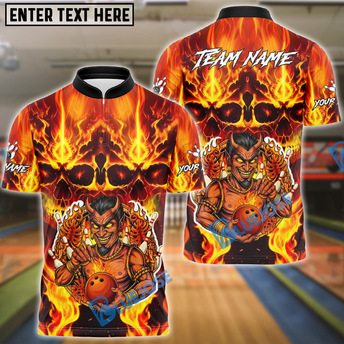 BlueJose Bowling & Pins Inferno Demon Flaming Design Customized Name, Team Name 3D Shirt (4 Colors)