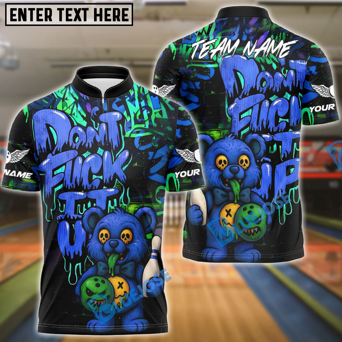 BlueJose Bowling And Pins Bear Scary Teddy Graffiti Style Customized Name, Team Name 3D Shirt (4 Colors)