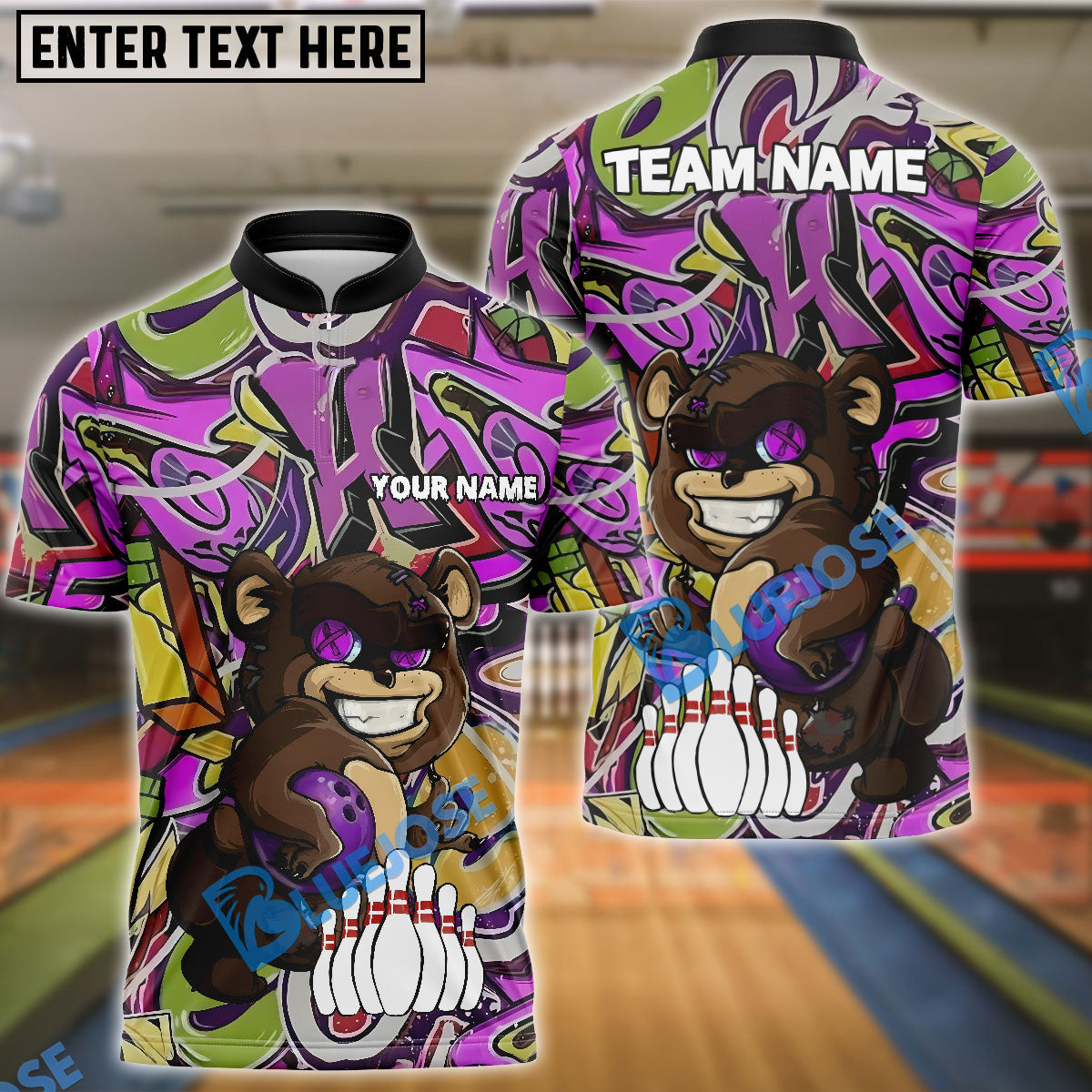 BlueJose Bowling Bear Cartoon Graffiti Style Customized Name, Team Name 3D Shirt (4 Colors)