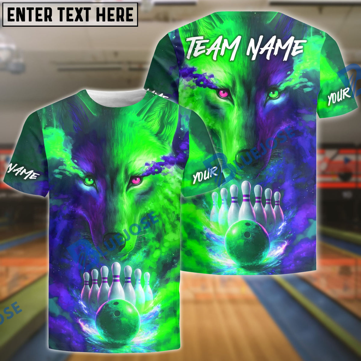 BlueJose Bowling & Pins Neon Wolf Cosmic Galaxy Bowling Art Customized Name, Team Name 3D Shirt (4 Colors)