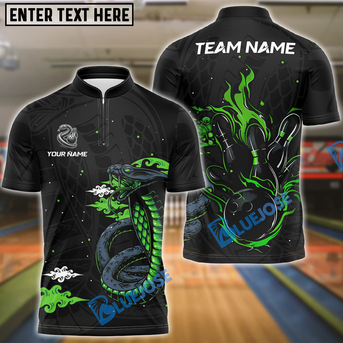 BlueJose Bowling And Pins Black & Neon Venomous Snake Customized Name And Team Name 3D Shirt (4 Colors)