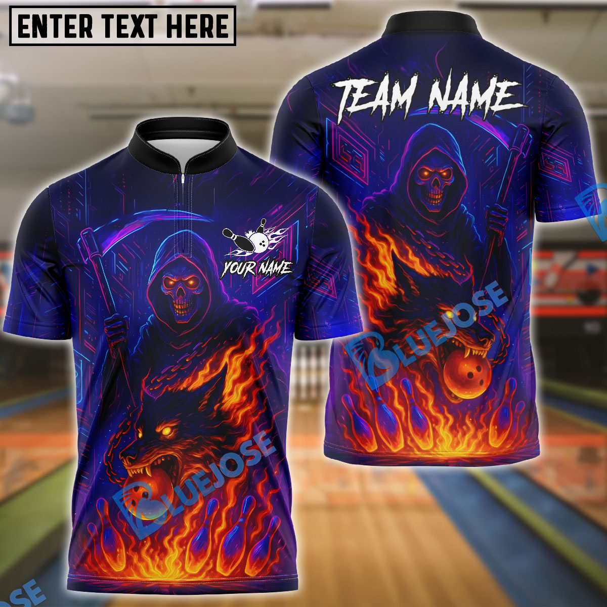 BlueJose Bowling And Pins Flame Grim Reaper With Fire Wolf Design Customized Name, Team Name 3D Shirt (4 Colors)