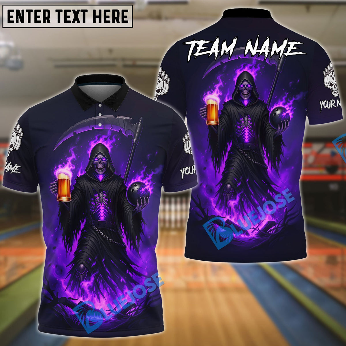BlueJose Bowling Grim Reaper Beer Flame Customized Name, Team Name 3D Shirt (4 Colors)