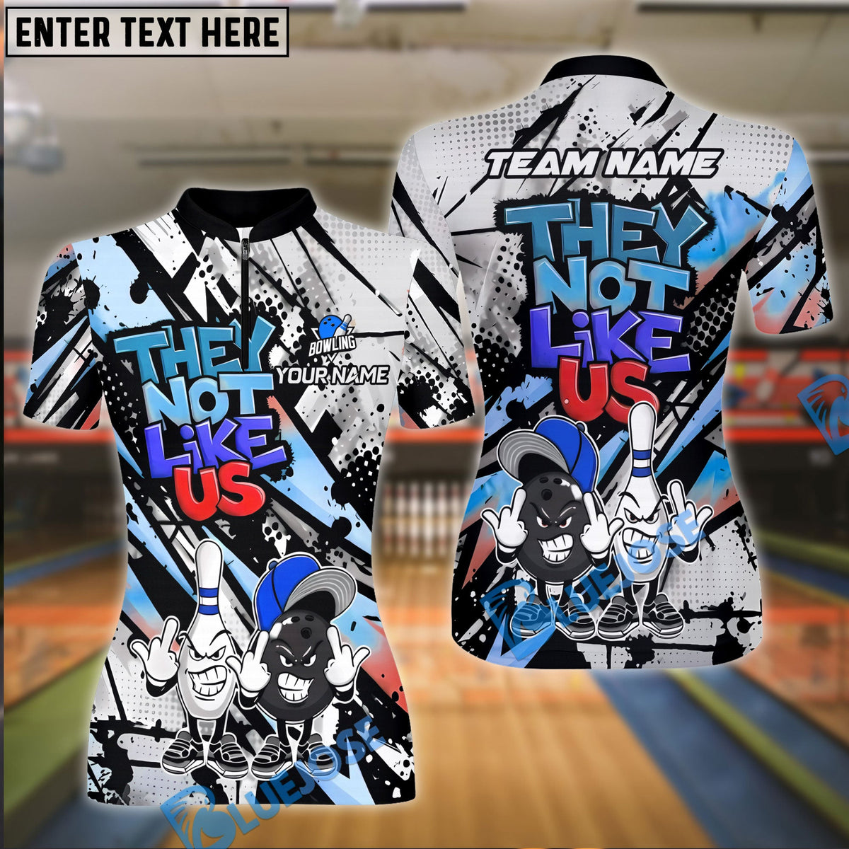 BlueJose Bowling & Pins Street Art ‚ÄúThey Not Like Us‚Äù Cartoon Customized Name, Team Name 3D Shirt (4 Colors)