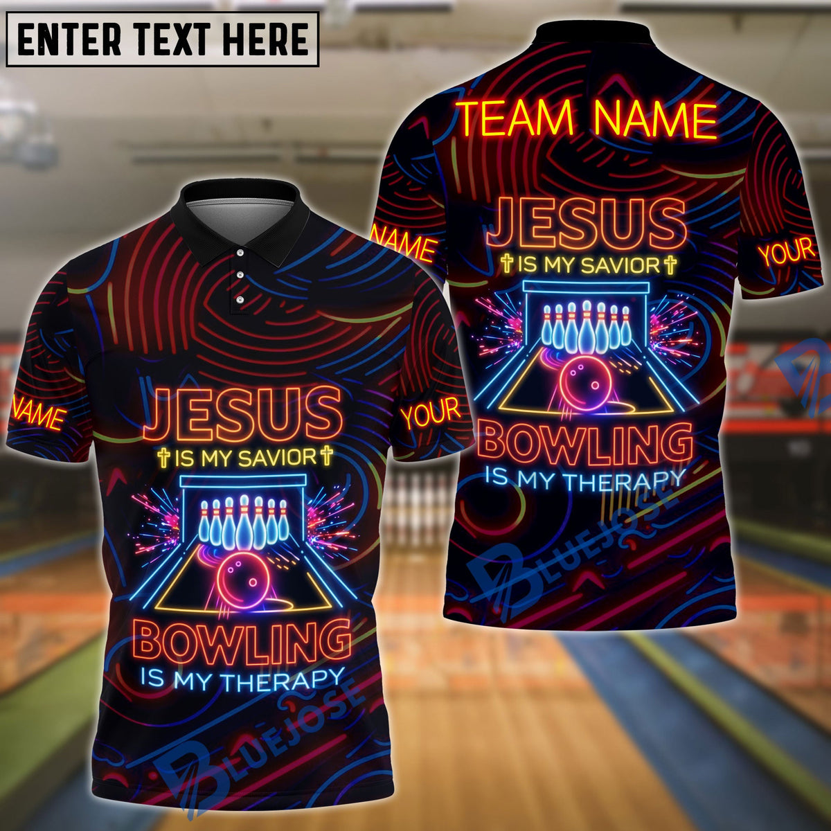 BlueJose Bowling Neon Jesus Savior Faith Bowling Therapy Personalized Name, Team Name 3D Shirt