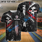 BlueJose Bowling And Pins Grim Skull with American Flag Personalized Name, Team Name Shirt