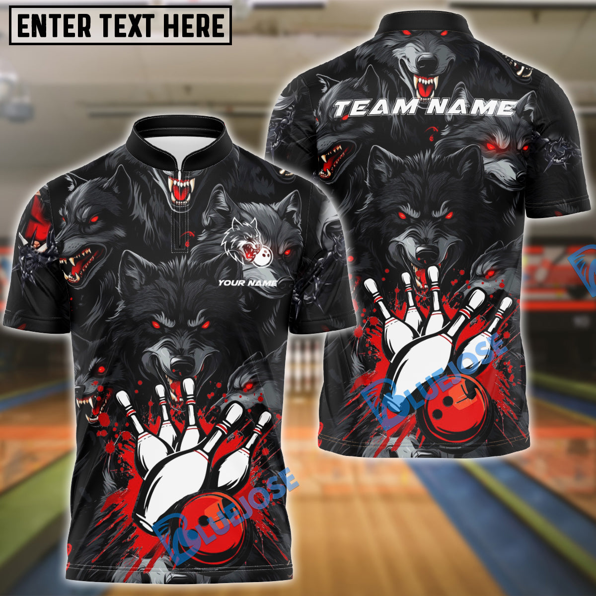 BlueJose Bowling And Pins Wolf Attack Dark Fury Customized Name, Team Name 3D Shirt (4 Colors)