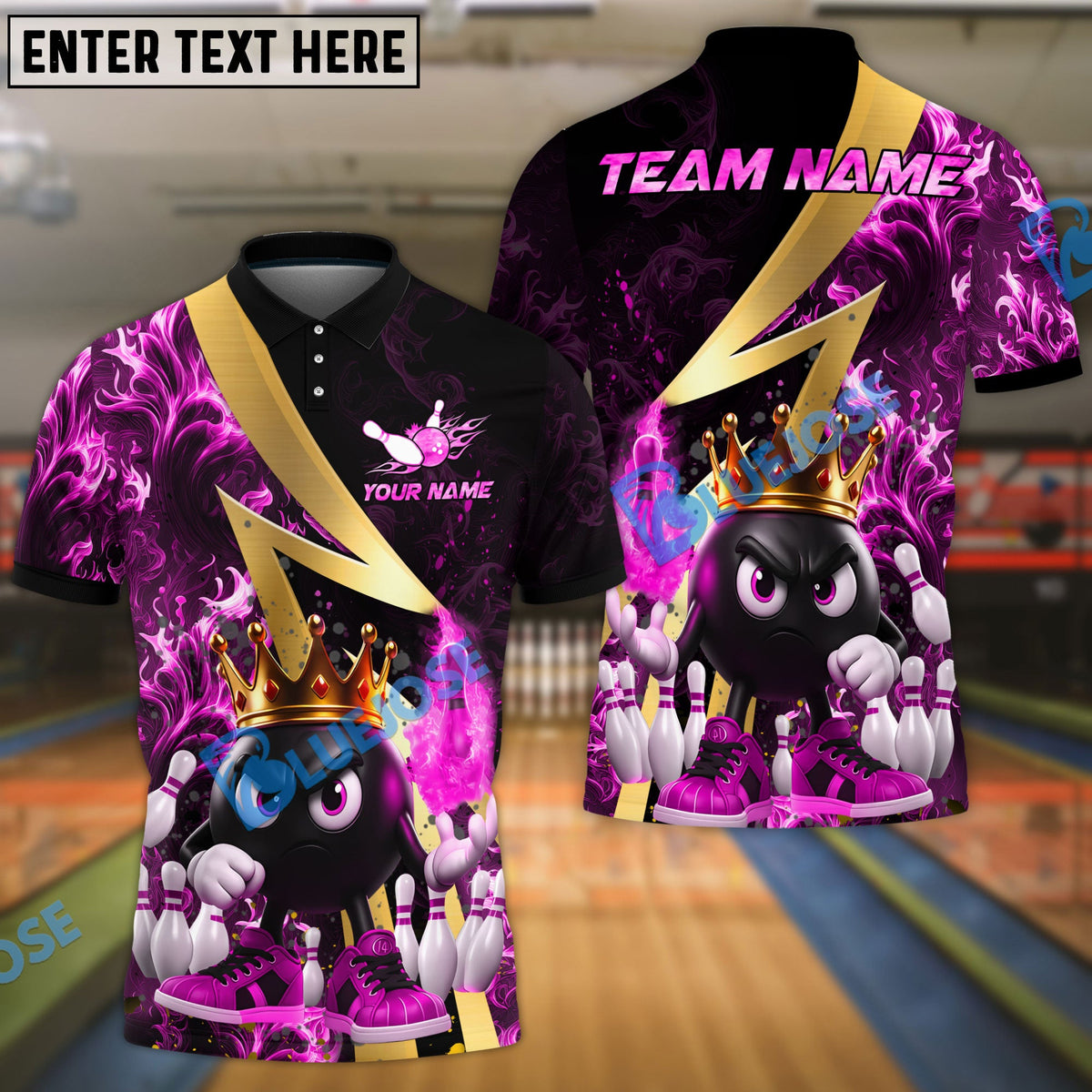 BlueJose Bowling And Pins Royal Flames Customized Name, Team Name 3D Shirt (4 Colors)