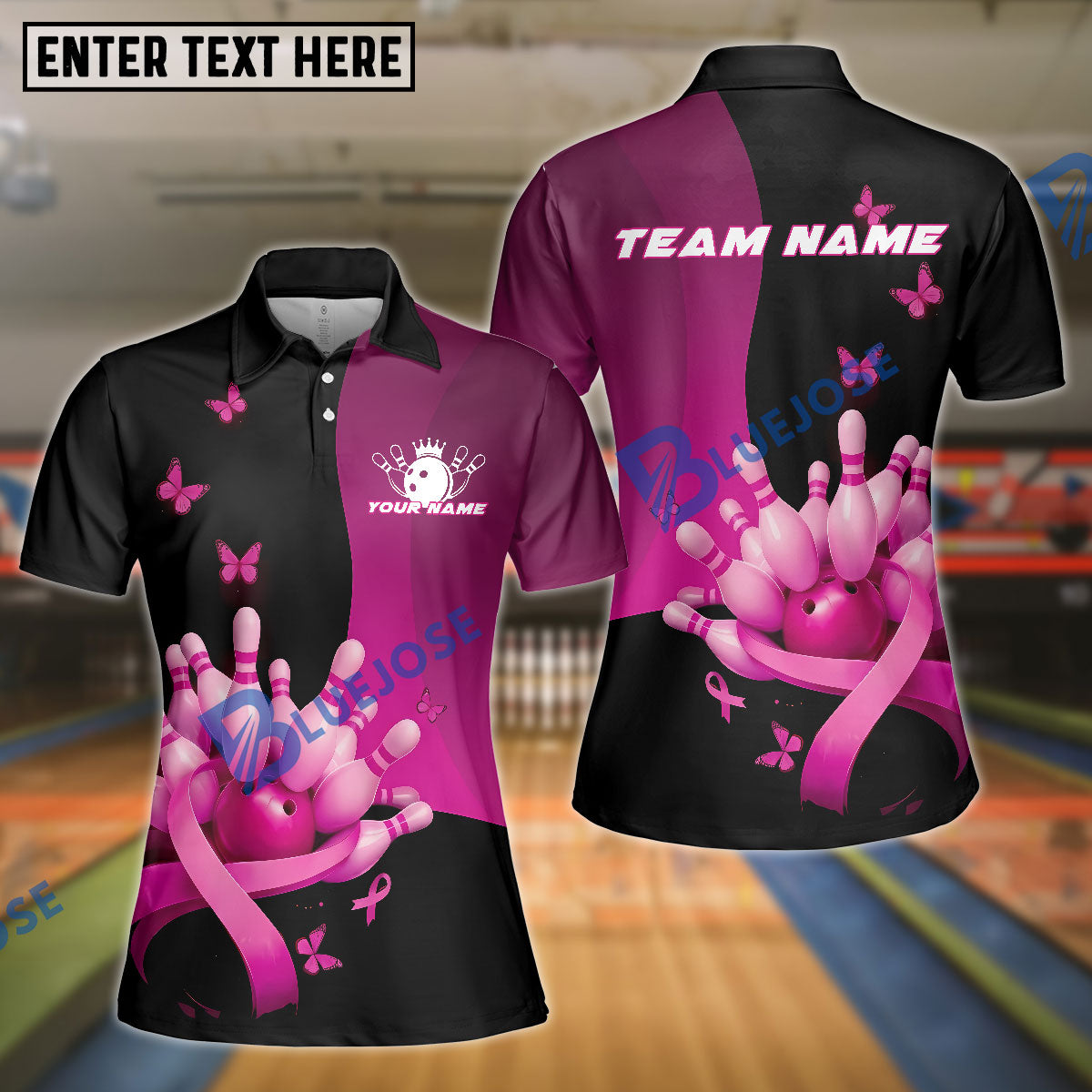 BlueJose Bowling And Pins Pink Ribbon Breast Cancer Awareness Design Customized Name, Team Name 3D Shirt