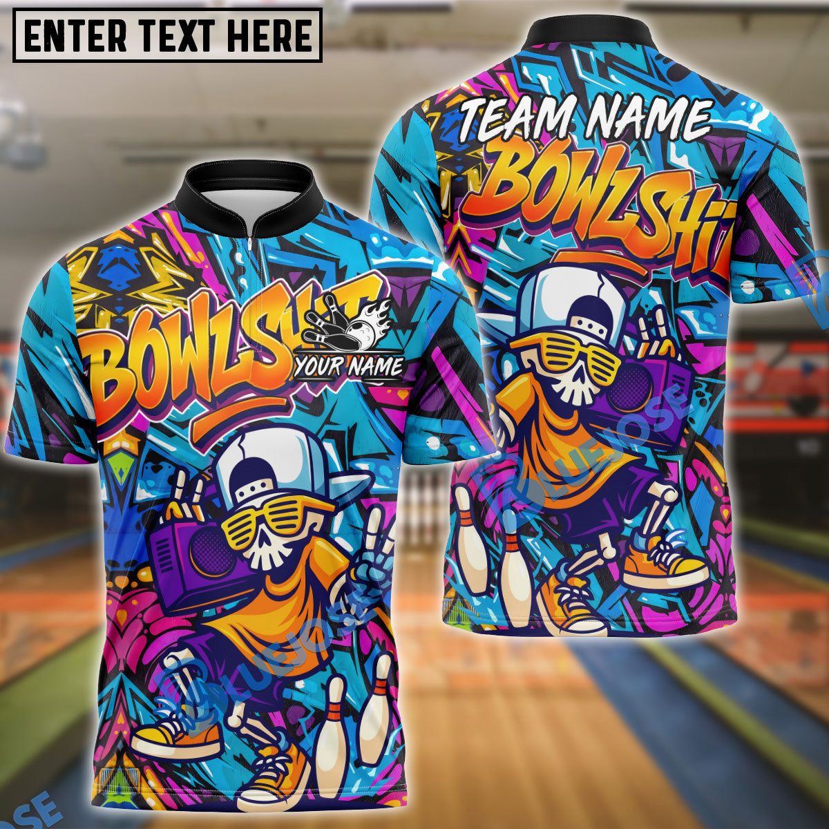 BlueJose Bowling And Pins Urban Graffiti Cool Skeleton Customized Name, Team Name 3D Shirt (4 Colors)