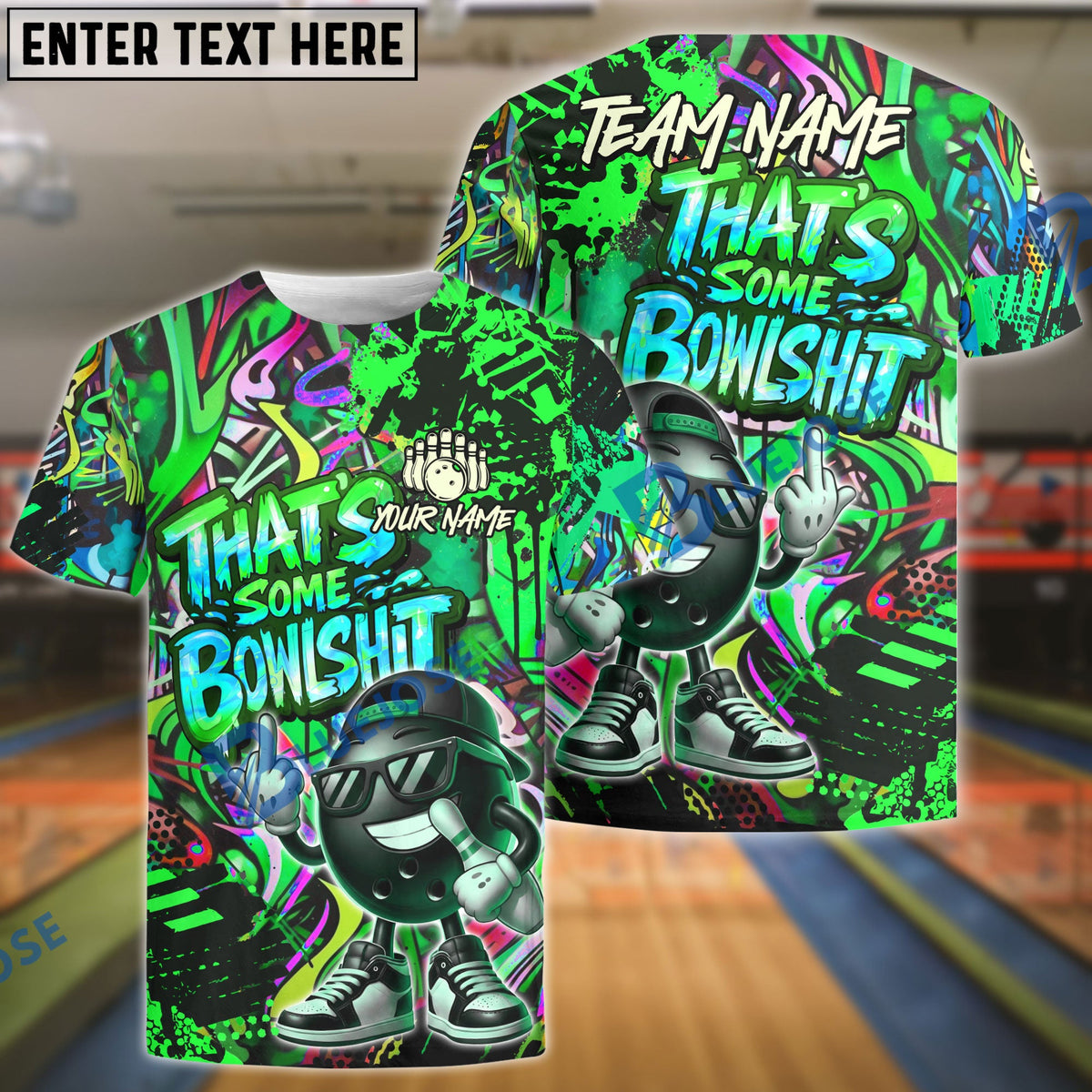 BlueJose Bowling & Pins  Funny Graffiti Cool Cartoon Street Art Design That's Some Bowlshit Customized Name, Team Name 3D Shirt (4 Colors)