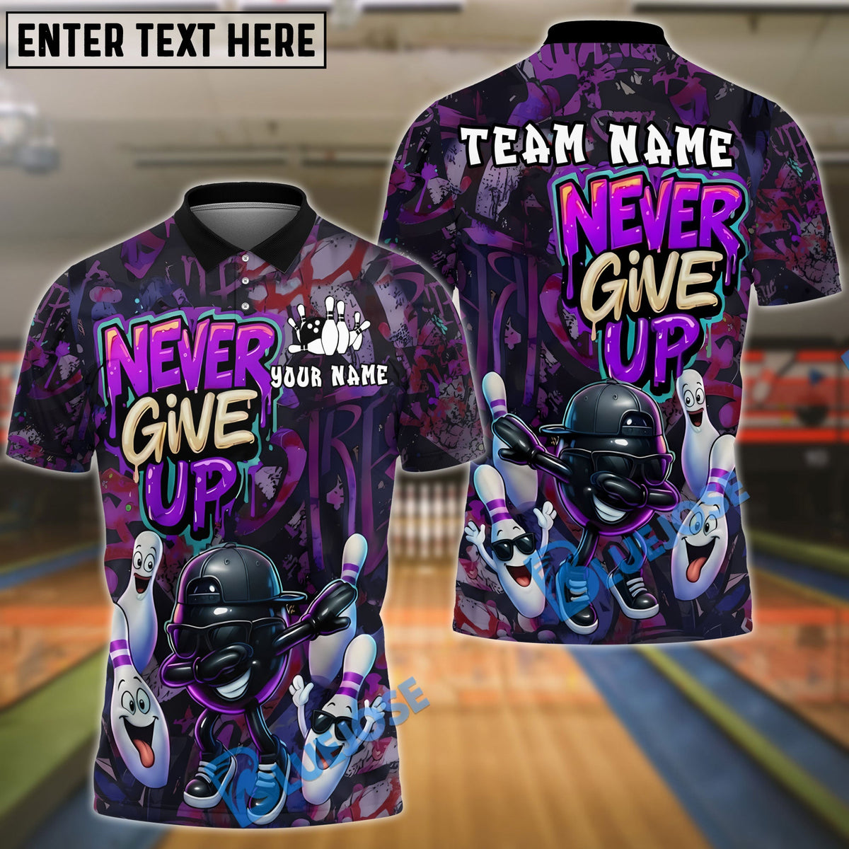 BlueJose Bowling And Pins Graffiti Never Give Up Dab Customized Name, Team Name 3D Shirt (4 Colors)