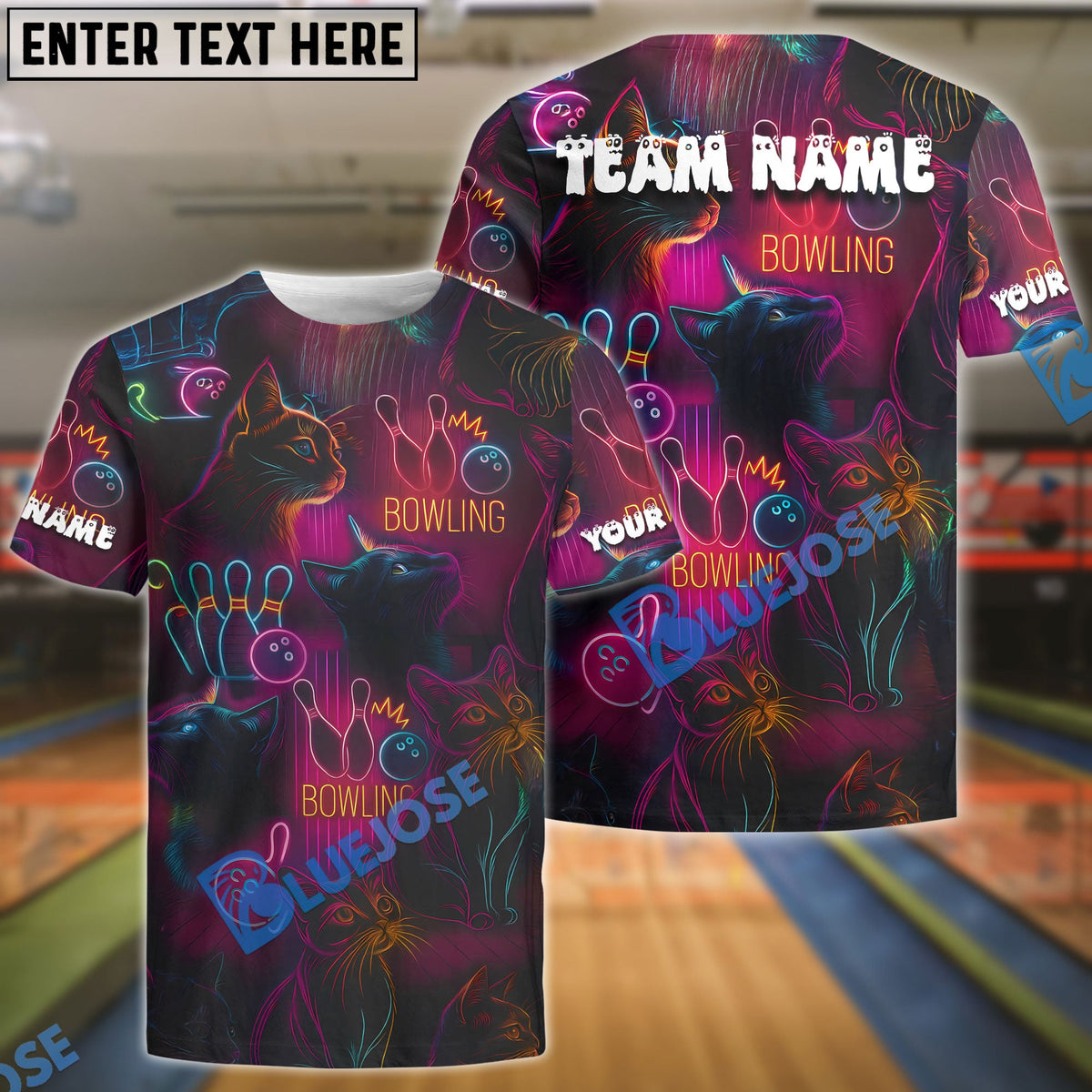 BlueJose Bowling Neon Cat Customized Name, Team Name 3D Shirt