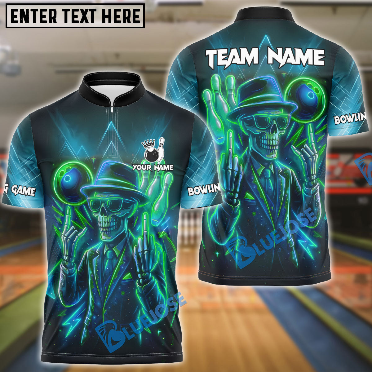 BlueJose Bowling And Pins Skeleton Neon Attitude Customized Name, Team Name 3D Shirt (4 Colors)