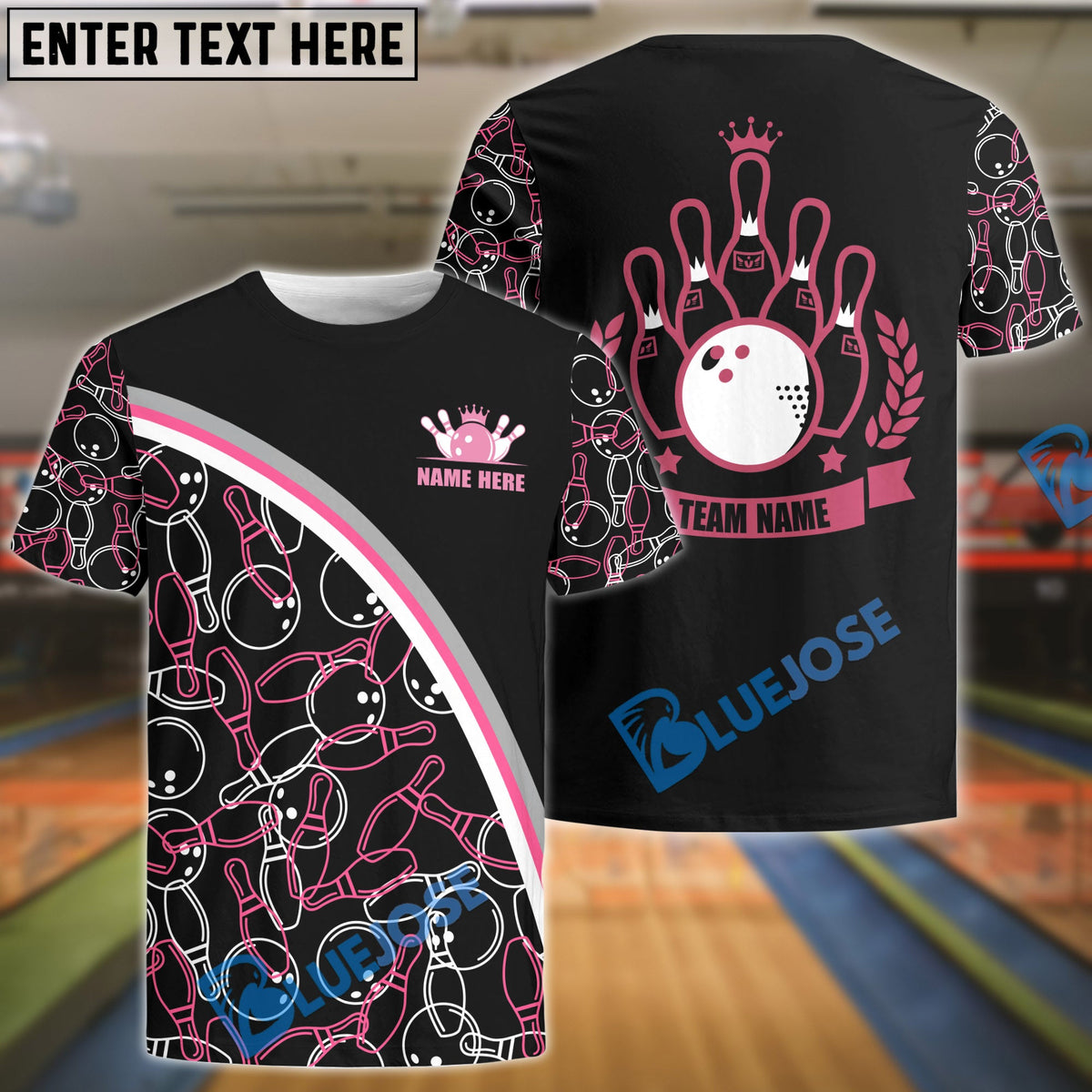 BlueJose Black Pink Bowling Pattern Premium Customized Name 3D Shirt For Women