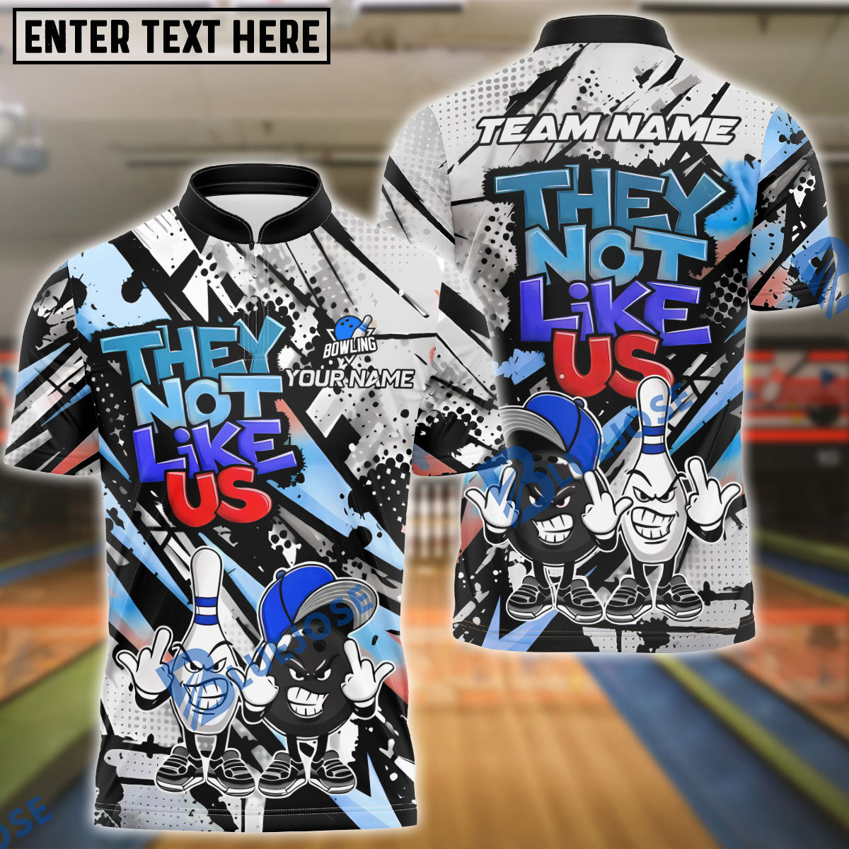 BlueJose Bowling & Pins Street Art ‚ÄúThey Not Like Us‚Äù Cartoon Customized Name, Team Name 3D Shirt (4 Colors)