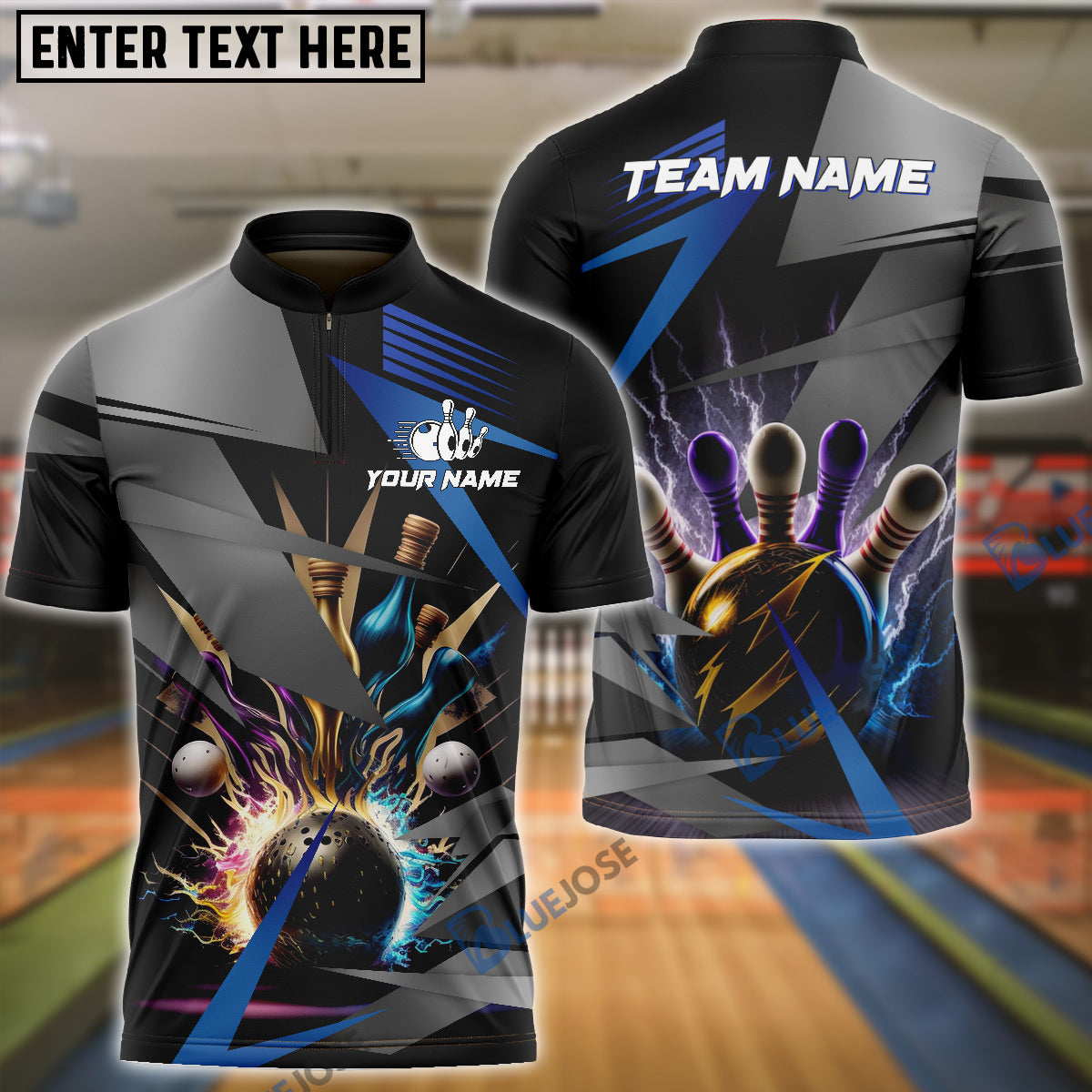 BlueJose Bowling And Pins Basic Thunder Customized Name 3D Shirt (4 Colors)