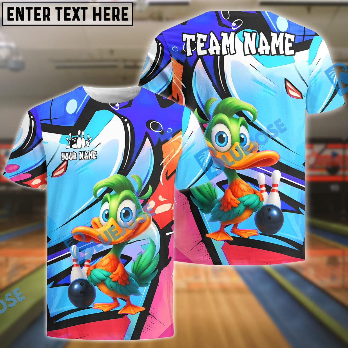 BlueJose Bowling And Pins Cartoon Duck Graffiti Customized Name, Team Name 3D Shirt (4 Colors)
