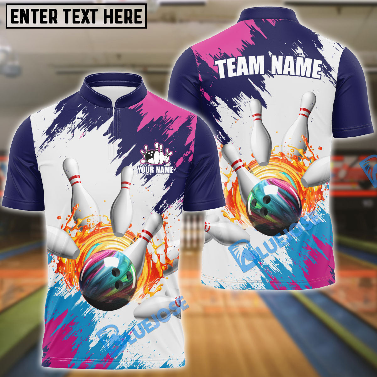 BlueJose Bowling And Pins Blue Pink Customized Name 3D Shirt