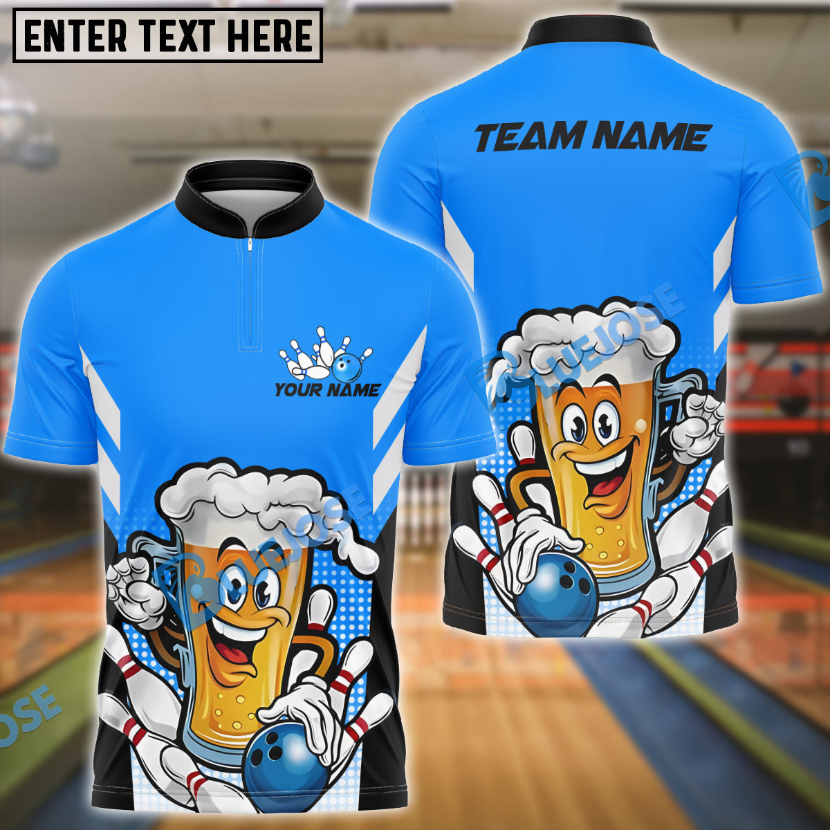 BlueJose Bowling And Pins Beer Cheers and Strikes Cartoon Design Customized Name 3D Shirt (4 Colors)